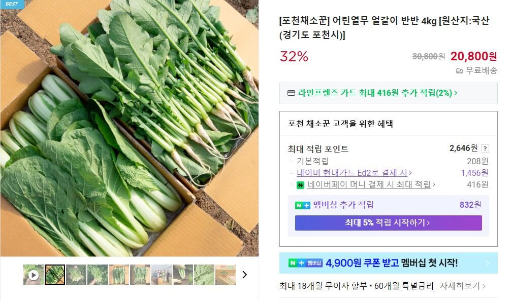 6시내고향 포천 열무 주문 화면